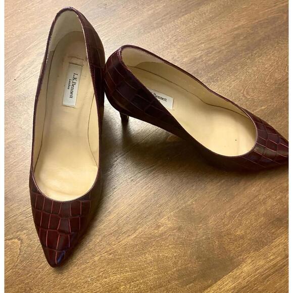 L.K. Bennett Burgundy Croc Embossed Leather High Heels (Sz 37) - Picture 1 of 13